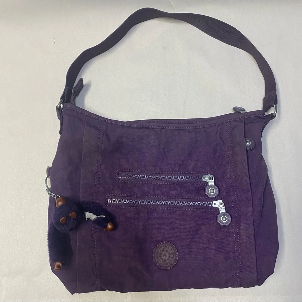 Kipling Belammie Hobo Crossbody Bag Purse Purple Gorilla Keychain